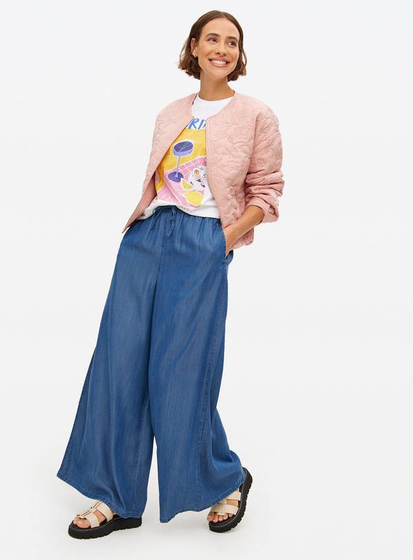 Blue Chambray Lyocell Blend Palazzo Trousers  14